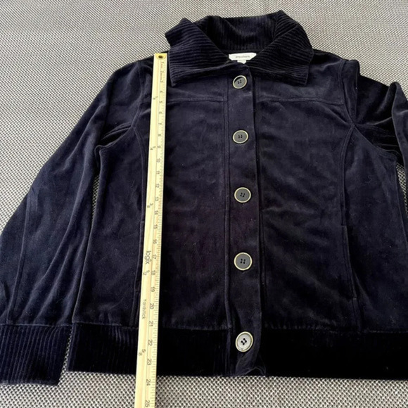 Dressbarn Womens Velour  Short Coat Jacket Size L Navy Blue Button Up Pockets - Picture 2 of 8